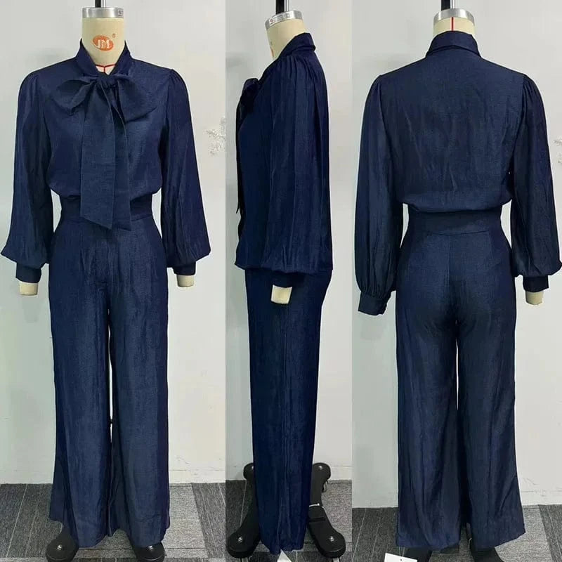 Blue / XL Lmitation Denim Pant Sets Womens 2 Piece Outfit Loose Fit Lantern Sleeve Bow Tie Shirt Top and Wide Leg Pants Matching Sets