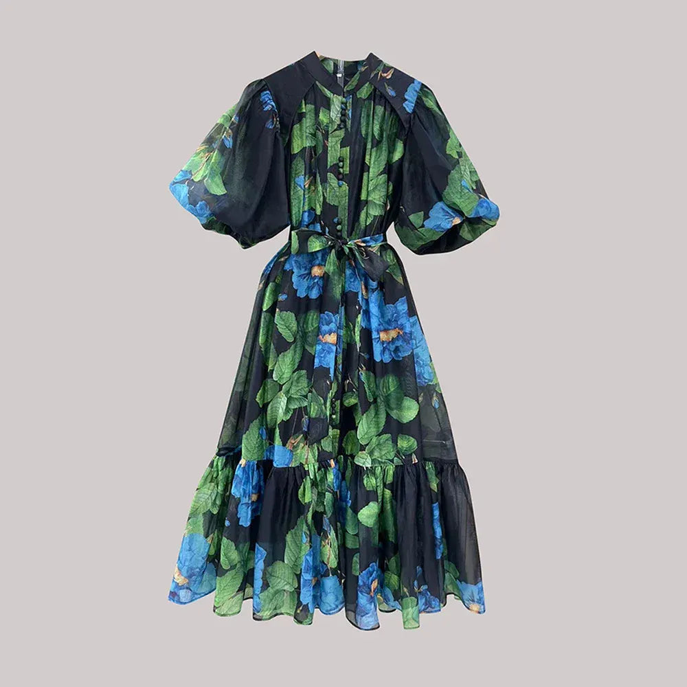 BLUE / XL TWOTWINSTYLE Hit Color Spliced Printing Midi Dresses for Women Round Neck Short Sleeves Patchwork Lace Up Elegant Dress Female