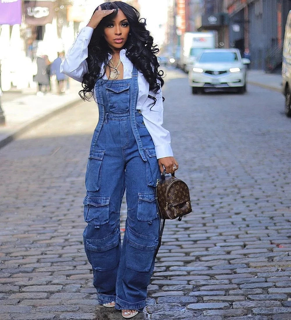 Blue / XL Wmstar Women Jumpsuit Fashion Rompers Streetwear Sleeveless Denim Vintage Loose Jeans Overalls Pockets Wide Leg Female Pants