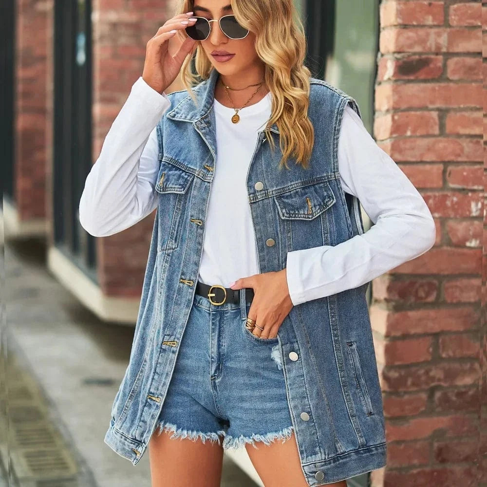 Blue / XL Women Autumn Winter Sleeveless Hooded Denim Jacket Vest Single Breasted Ripped Pockets Fashion Loose Cardigan Jackets
