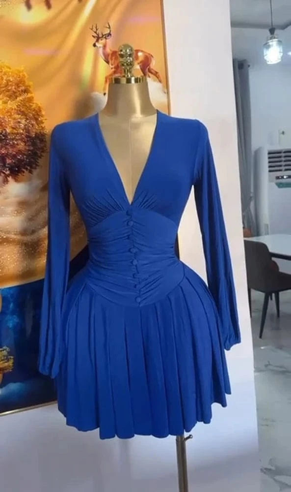Blue / XL Women Elegant V-Neck Long Sleeve Pleated Dress 2025 Buttons Tunic Waist Sexy Evening Party Luxury Casual Short A Line Dresses
