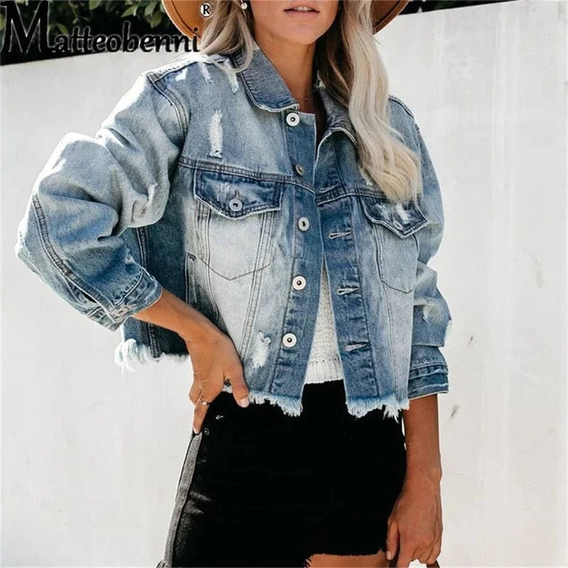 Blue / XXL Batwing Sleeve Boyfriend Denim Shirts Jackets Coats Ripped Hole Loose Cardigans Button Jeans Blouses Women Short Outerwear Tops