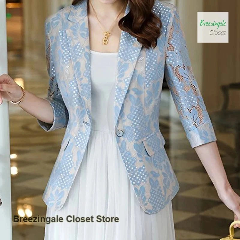Blue / XXL French lace openwork small suit jacket women's summer thin new fashion temperament casual slim beautiful western-style top.