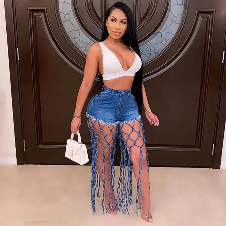 blue / XXL High Waist Denim Shorts Women Tassels Short Jeans Splice Button Pockets Strwwtear Shorts Hot Pant Solid Lady Summer Beach