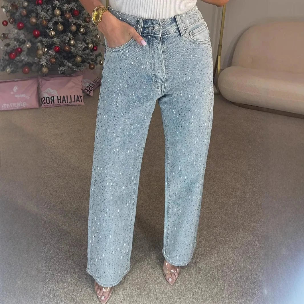 Blue / XXXL Straight Jeans for Women Diamonds Pants Stretch High Waist Washed Distressed Pockets Vintage Denims Streetwear Female Trousers