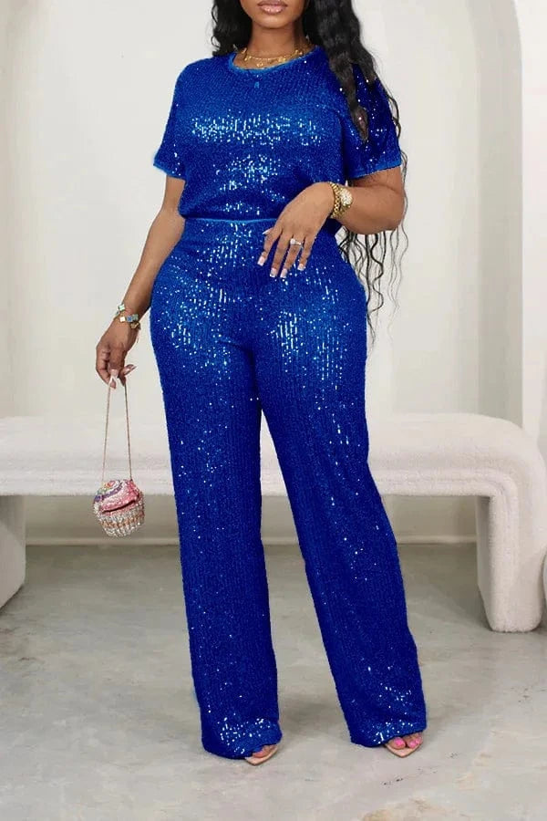 Blue / XXXL Wmstar Women Two Piece Set Spring Female Casual Shinny Sequin Round Neck Fashion Solid Short Sleeved Tshirt Wide Leg Pants Suit