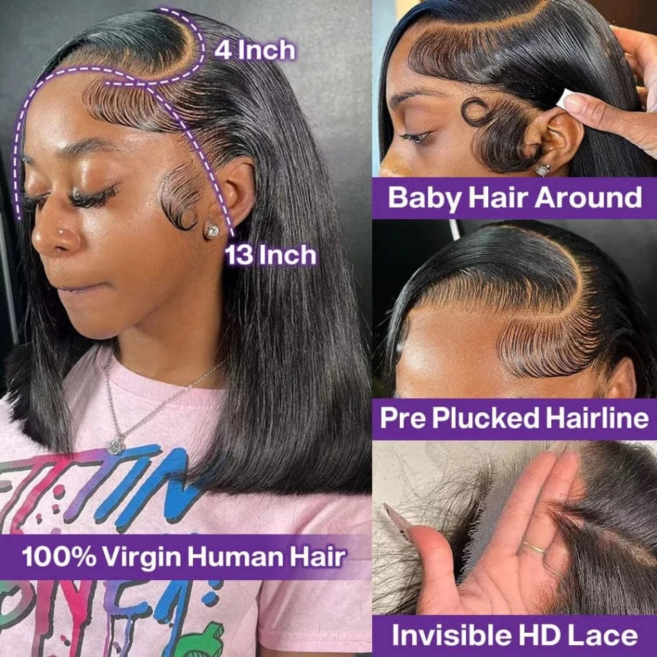 Bob Wigs Human Hair 13X6 Lace Front Wig 220 Density Short Straight Hd Transparent Lace Frontal Wigs Brazilian Closure For Women
