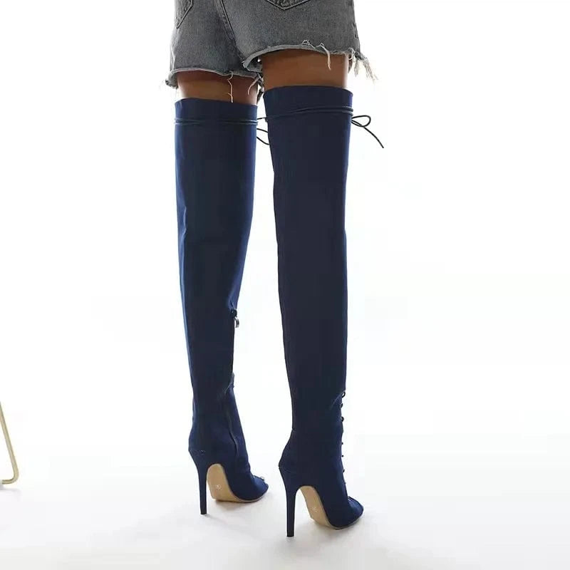 BOBOYU design open toe over the knee thigh high lace up denim boots sexy stripper shoes