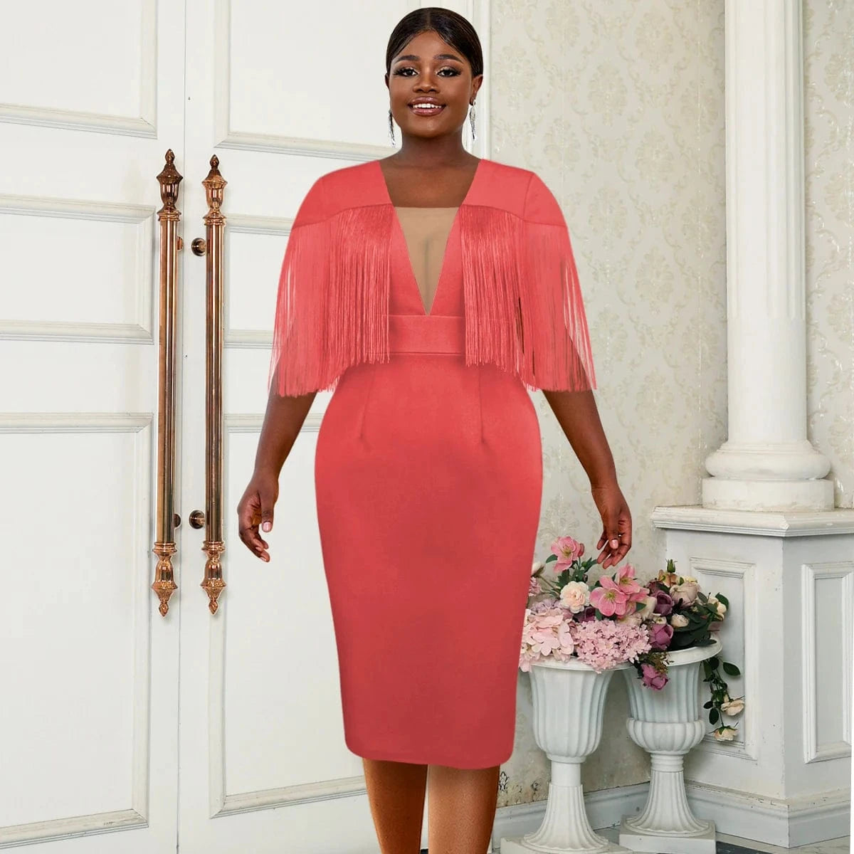 Bodycon Sexy See Through Tassel Patchwork Girl Christmas Prom Dresses