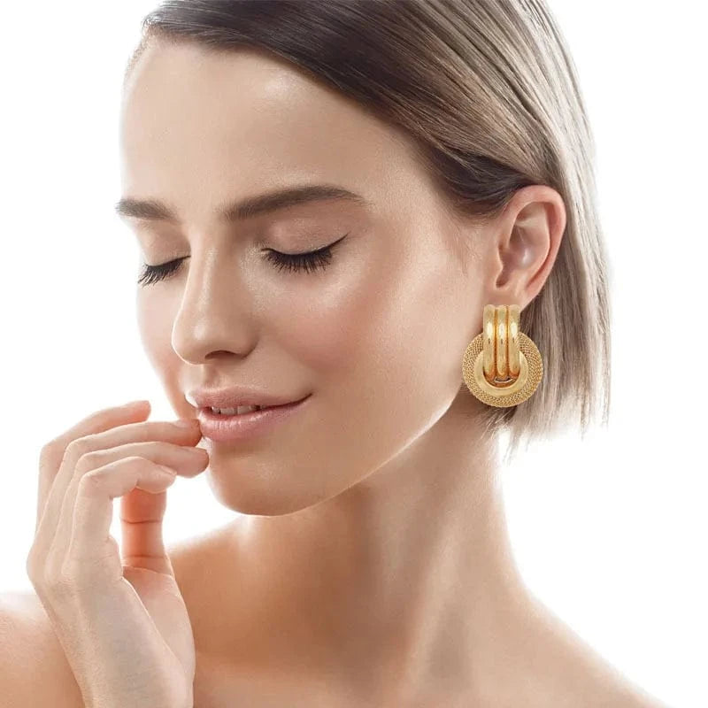 Bohemia Multi-Layer Metal Mesh Round Ear Stud Earrings Gold Color Round Geometric Statement Earrings for Women (KER666)