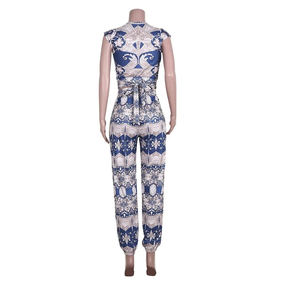 Boho Vintage Pattern Print 2 Piece Set Women High Waist Pocket Trousers Loungewear Suits Ladies Tracksuits Two Piece Pants Set