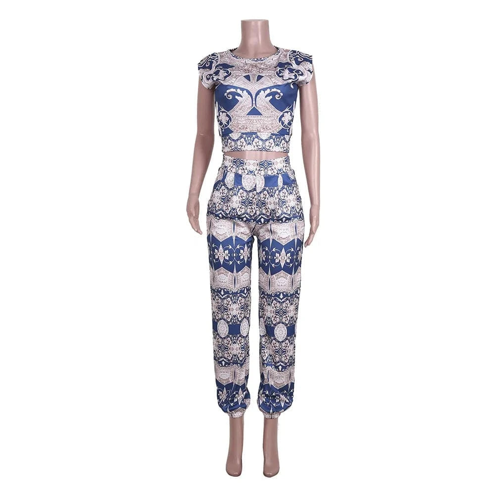 Boho Vintage Pattern Print 2 Piece Set Women High Waist Pocket Trousers Loungewear Suits Ladies Tracksuits Two Piece Pants Set
