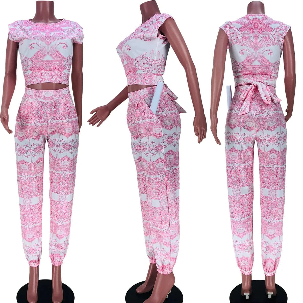 Boho Vintage Pattern Print 2 Piece Set Women High Waist Pocket Trousers Loungewear Suits Ladies Tracksuits Two Piece Pants Set