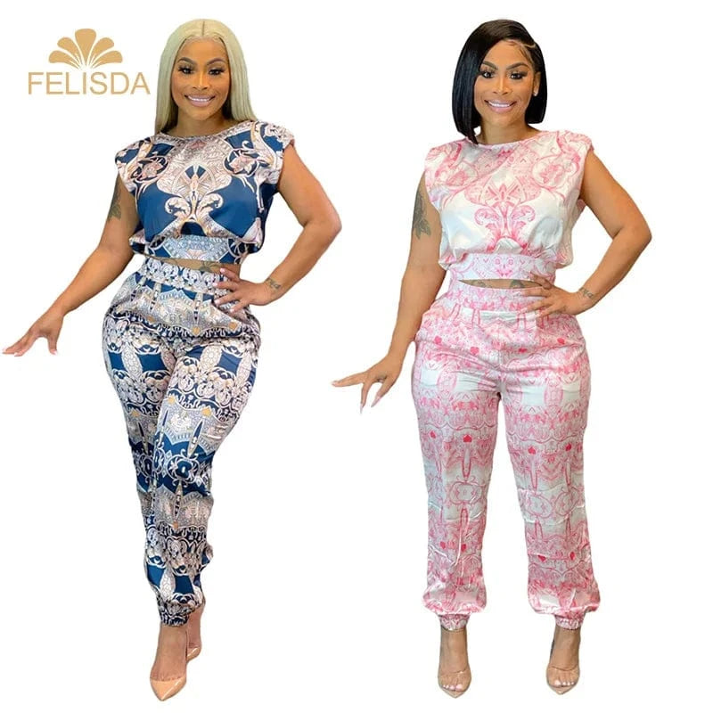 Boho Vintage Pattern Print 2 Piece Set Women High Waist Pocket Trousers Loungewear Suits Ladies Tracksuits Two Piece Pants Set