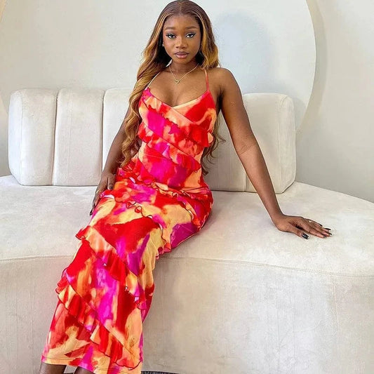 Bomblook ASDS190 Cami Printed Lace-Up Maxi Dress Floral Dress Dress Women Casual