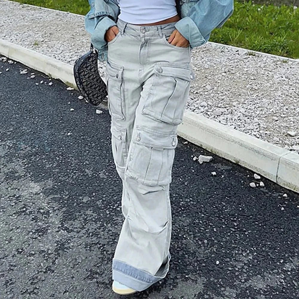 Bomblook ASPT113 2024 Spring Retro Cargo Jeans Women Baggy Jeans Denim Jeans