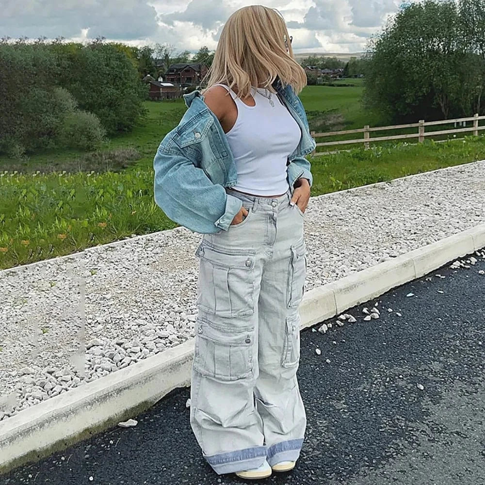 Bomblook ASPT113 2024 Spring Retro Cargo Jeans Women Baggy Jeans Denim Jeans