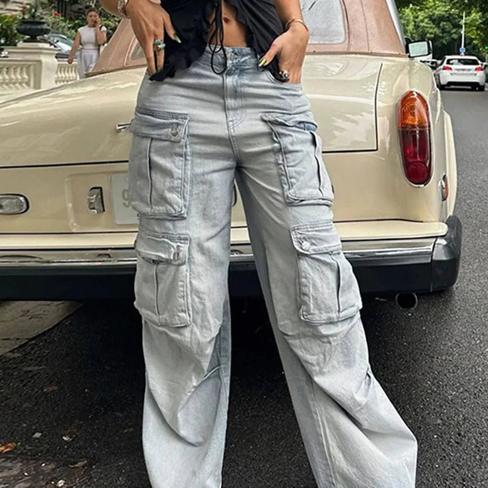 Bomblook ASPT113 2024 Spring Retro Cargo Jeans Women Baggy Jeans Denim Jeans