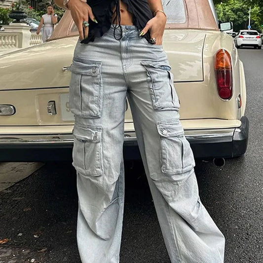 Bomblook ASPT113 2024 Spring Retro Cargo Jeans Women Baggy Jeans Denim Jeans