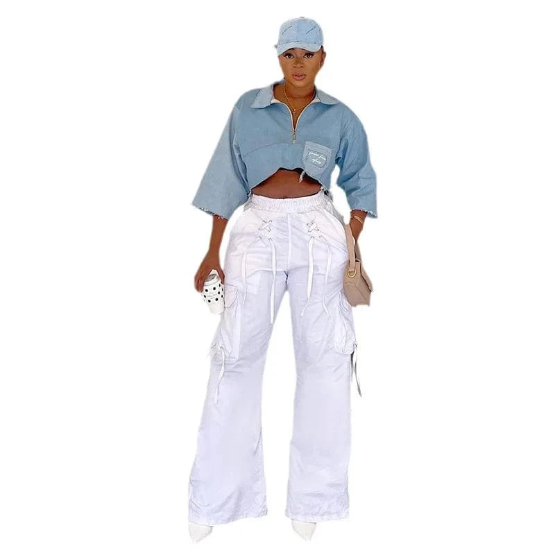 Bomblook ASPT45 Bandage Pocket Woven Cargo Pants Men Baggy Pant Wide Leg Pants Women