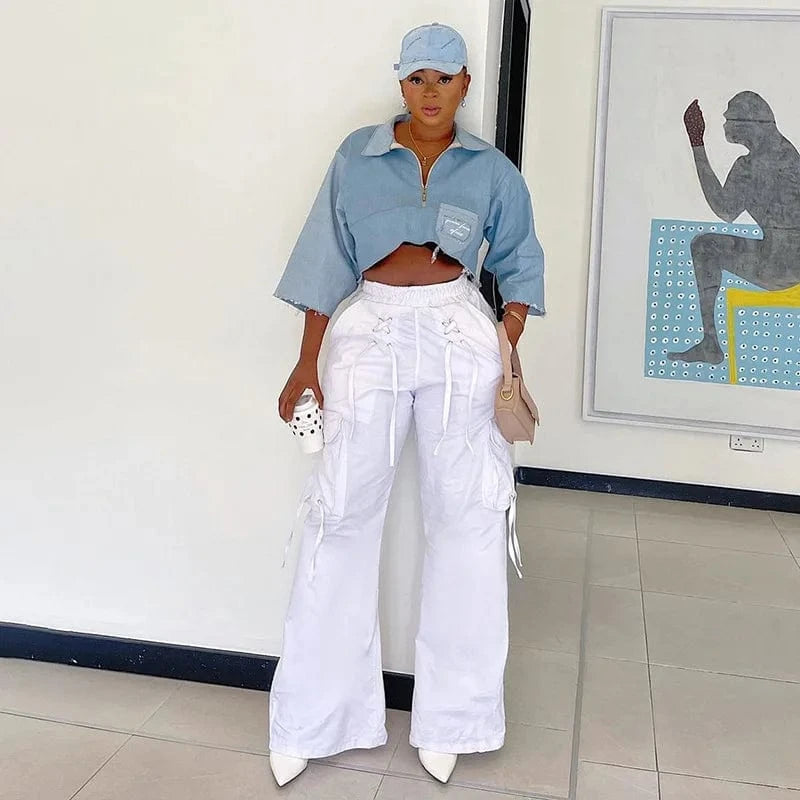 Bomblook ASPT45 Bandage Pocket Woven Cargo Pants Men Baggy Pant Wide Leg Pants Women
