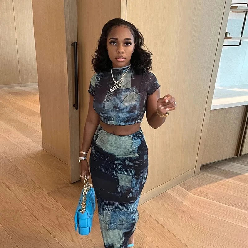 Bomblook ASST73 Print Long Skirt Crop Top 2 Piece Set Women Set Skirt Sets