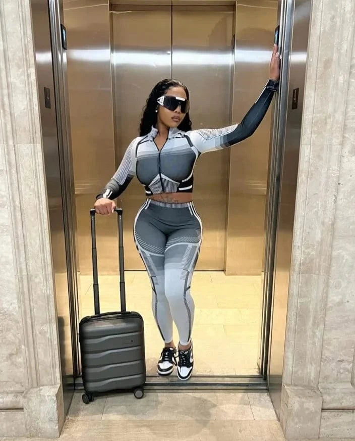 Bomblook C1101ST01 Irregular Print Sportswear Fitness Crop Top With Leggings Set Two Piece Set Women Clothing Workout Sets