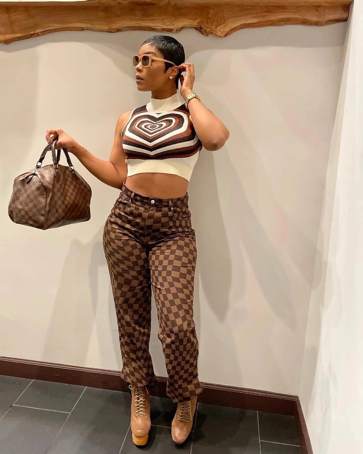 Bomblook C1104ST Vintage Plaid Print Trousers Casual Women Pants Y2K Streetwear Denim Pants Straight Slit Jeans Women