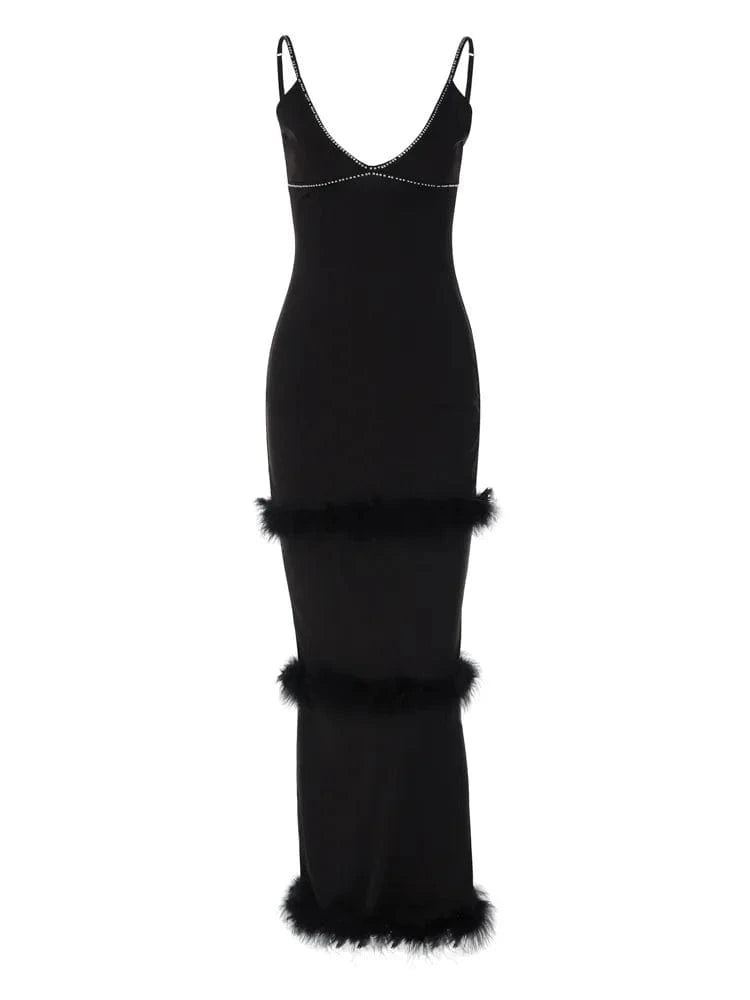 Bomblook C1107DS01 2023 Maxi Outfits Women Fall Clothes Slip Dress With Fur Ladies Dress Formal Party Rhinestone Dresses Women