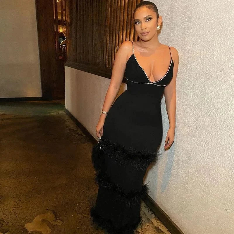 Bomblook C1107DS01 2023 Maxi Outfits Women Fall Clothes Slip Dress With Fur Ladies Dress Formal Party Rhinestone Dresses Women