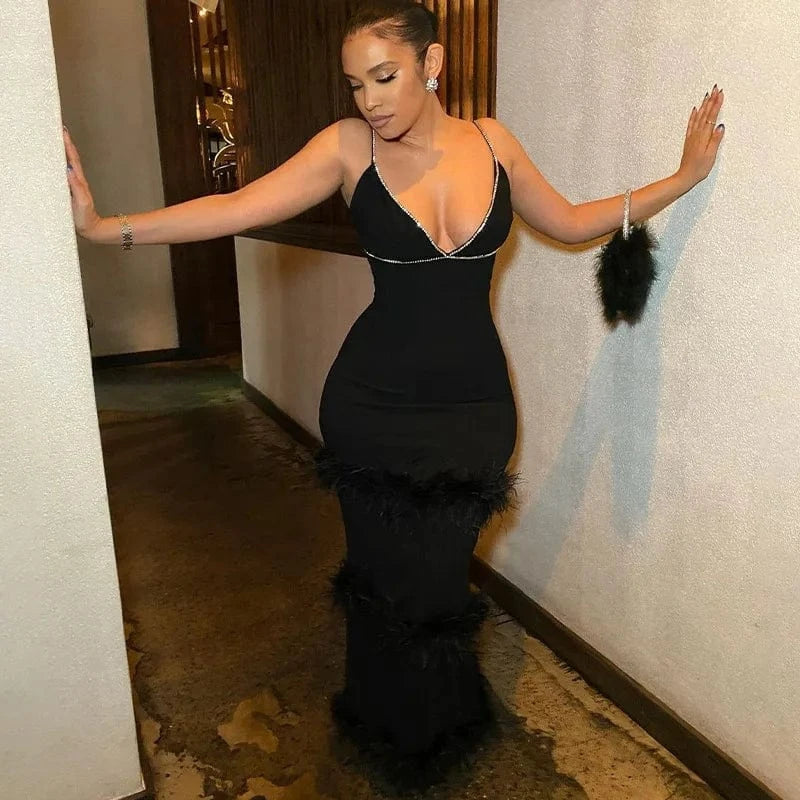 Bomblook C1107DS01 2023 Maxi Outfits Women Fall Clothes Slip Dress With Fur Ladies Dress Formal Party Rhinestone Dresses Women