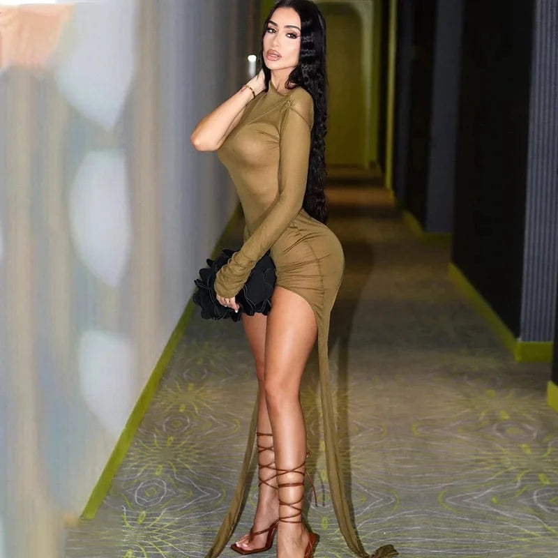 Bomblook C110DS01 2024 Spring Sexy Outfits Dress For Women Sheer Mini Bodycon Dress Solid One Shoulder Dresses With Long String