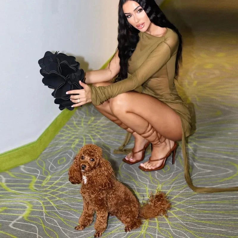 Bomblook C110DS01 2024 Spring Sexy Outfits Dress For Women Sheer Mini Bodycon Dress Solid One Shoulder Dresses With Long String