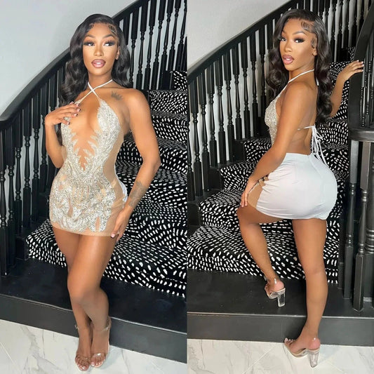 Bomblook C111DS02 2024 Spring Slim New Design Backless Outfits Club Halter Evening Dresses With Beading Mini Sheer Dress