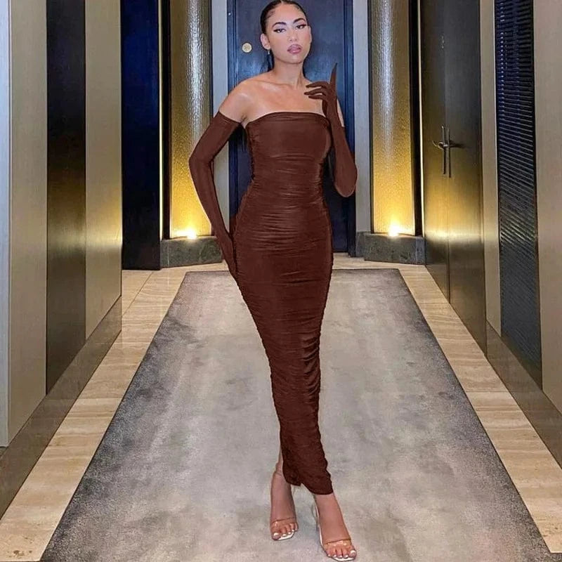 Bomblook C1120DS Spring 2024 Women Outfits Clothing Solid Full Sleeve Sexy Dress Party Evening Wear Ruched Slash Neck Dresses