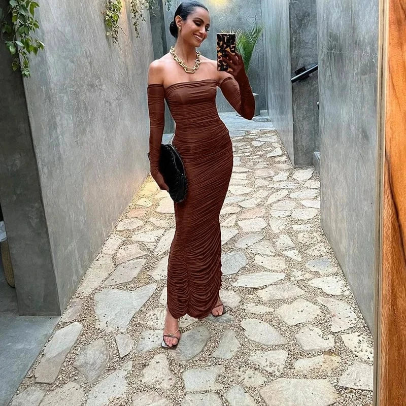 Bomblook C1120DS Spring 2024 Women Outfits Clothing Solid Full Sleeve Sexy Dress Party Evening Wear Ruched Slash Neck Dresses