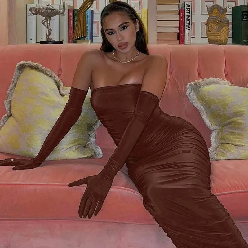 Bomblook C1120DS Spring 2024 Women Outfits Clothing Solid Full Sleeve Sexy Dress Party Evening Wear Ruched Slash Neck Dresses
