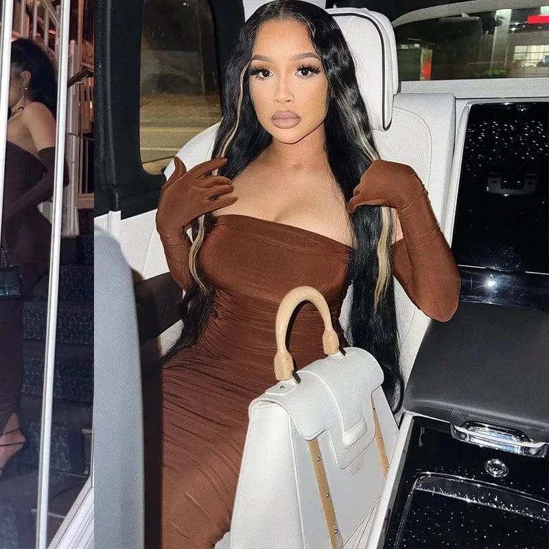 Bomblook C1120DS Spring 2024 Women Outfits Clothing Solid Full Sleeve Sexy Dress Party Evening Wear Ruched Slash Neck Dresses