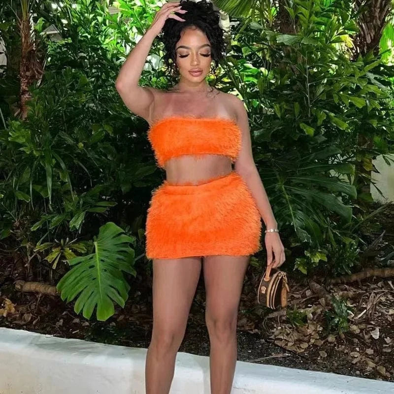 Bomblook C113ST02 Fuzzy Outfits 2024 Spring Corset With Mini Skirt Sexy Party Club Wear 2 Piece Set For Women Bodycon Skirt Set