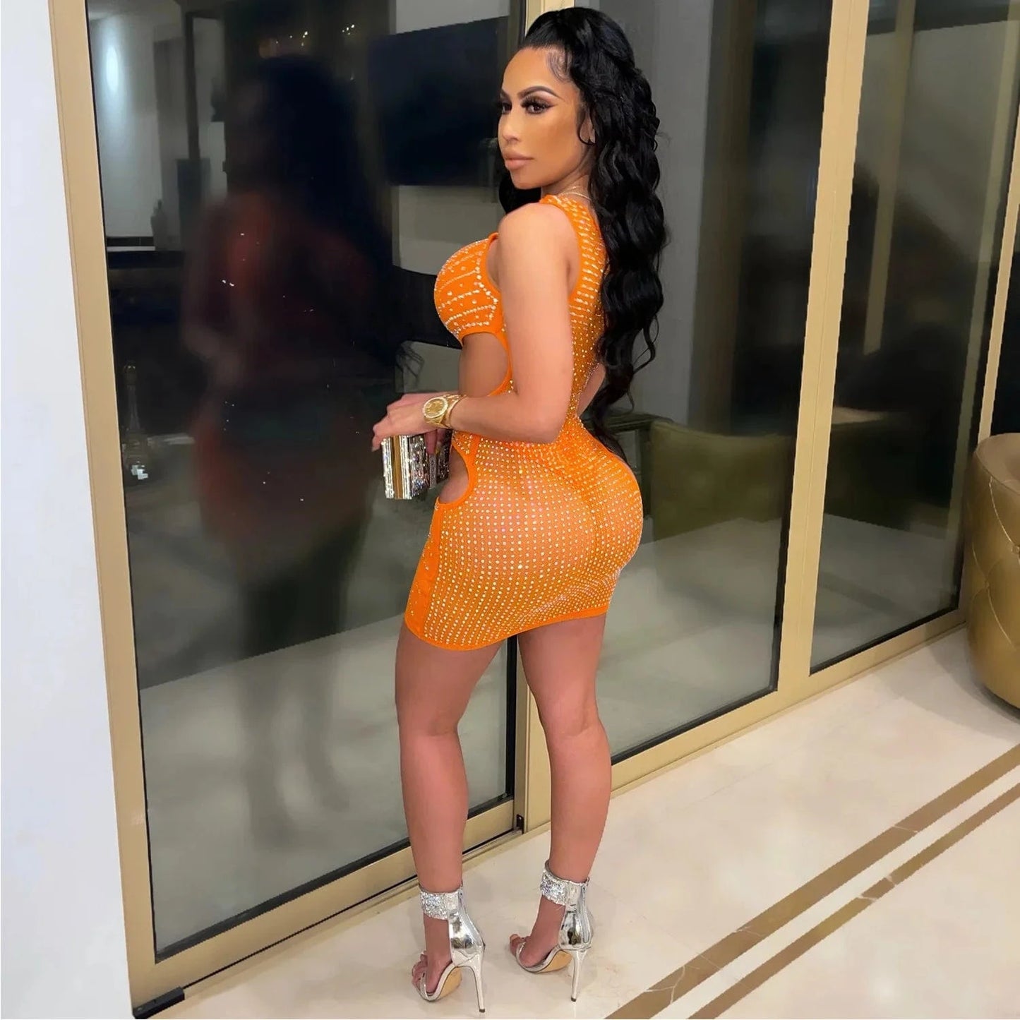 Bomblook C117DS02 2024 Spring New Arrivals One Shoulder Outfits Cutout Outfits Party Club Beading Mini Mesh Dress With Underwear