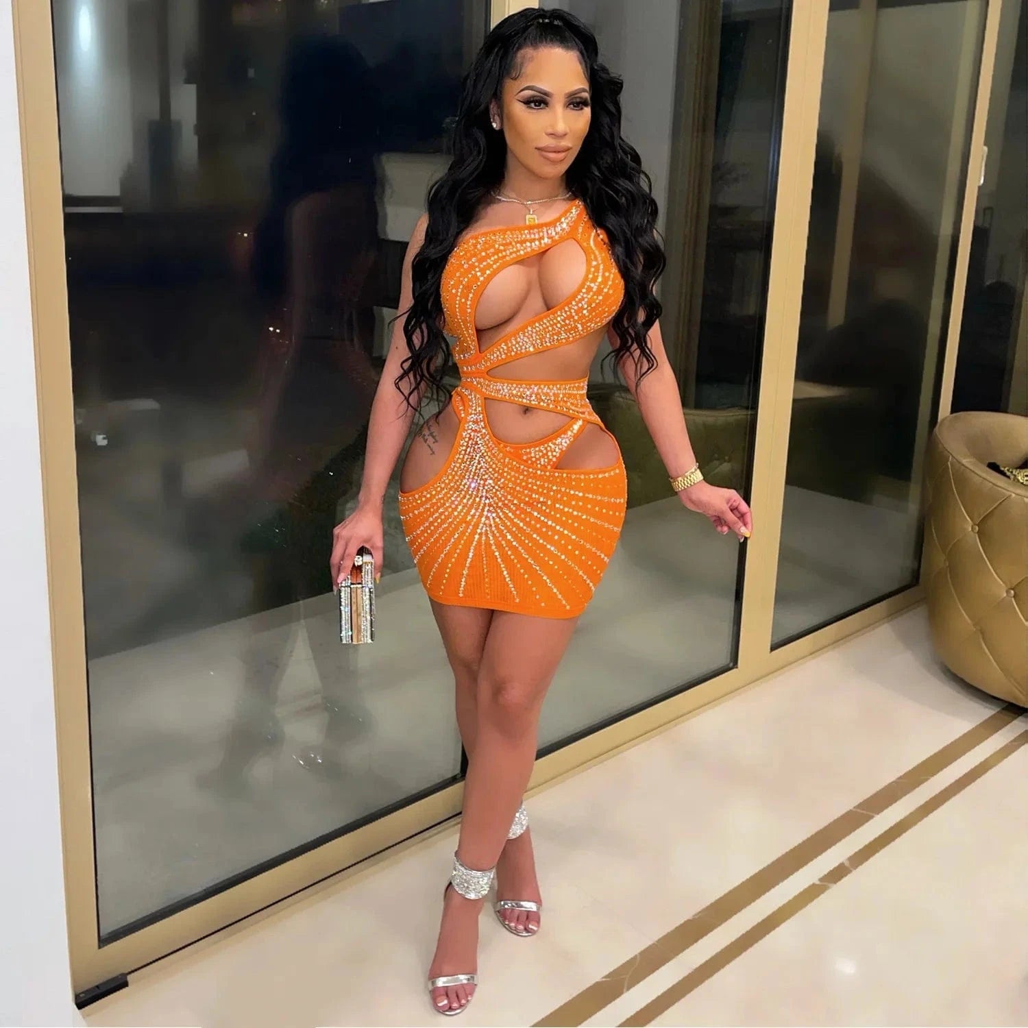 Bomblook C117DS02 2024 Spring New Arrivals One Shoulder Outfits Cutout Outfits Party Club Beading Mini Mesh Dress With Underwear