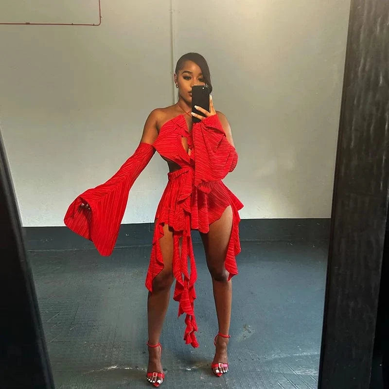 Bomblook C117DS03 2024 Spring Sexy Outfits Red Draped Dress For Women Ruffle Mini Bodycon Irregular Dress With Gloves