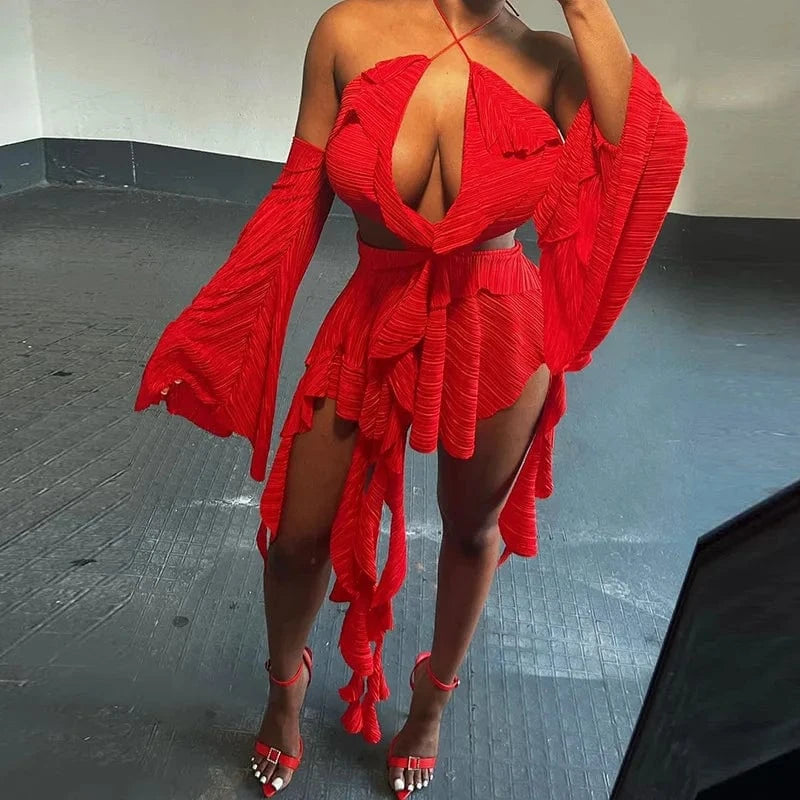 Bomblook C117DS03 2024 Spring Sexy Outfits Red Draped Dress For Women Ruffle Mini Bodycon Irregular Dress With Gloves