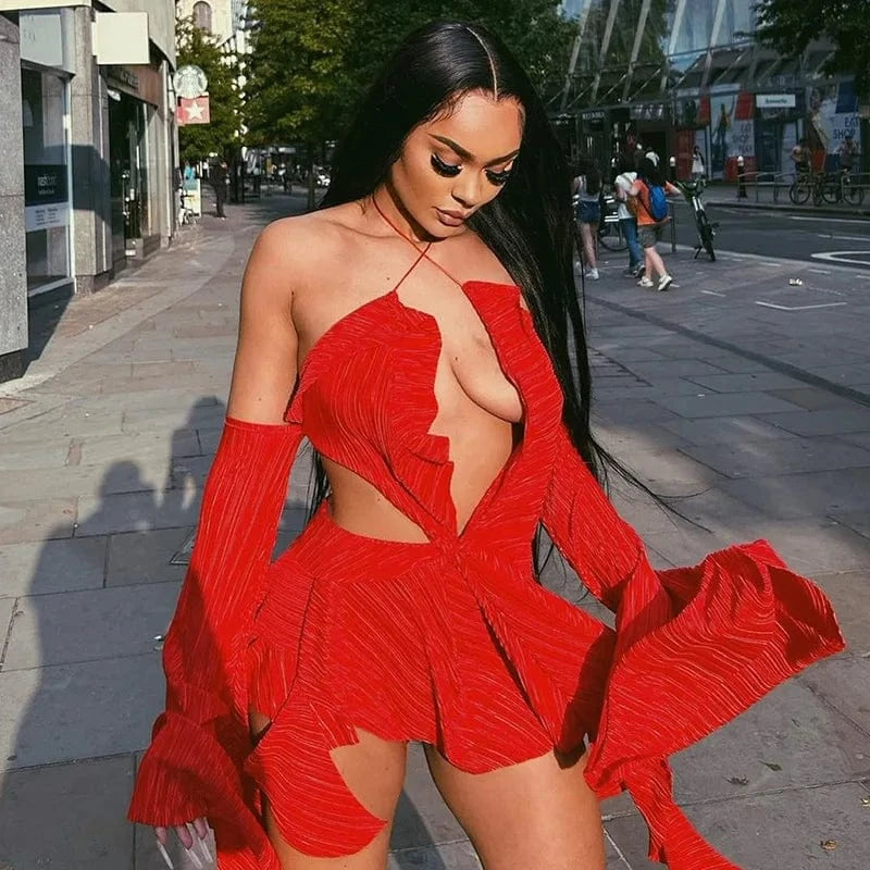 Bomblook C117DS03 2024 Spring Sexy Outfits Red Draped Dress For Women Ruffle Mini Bodycon Irregular Dress With Gloves