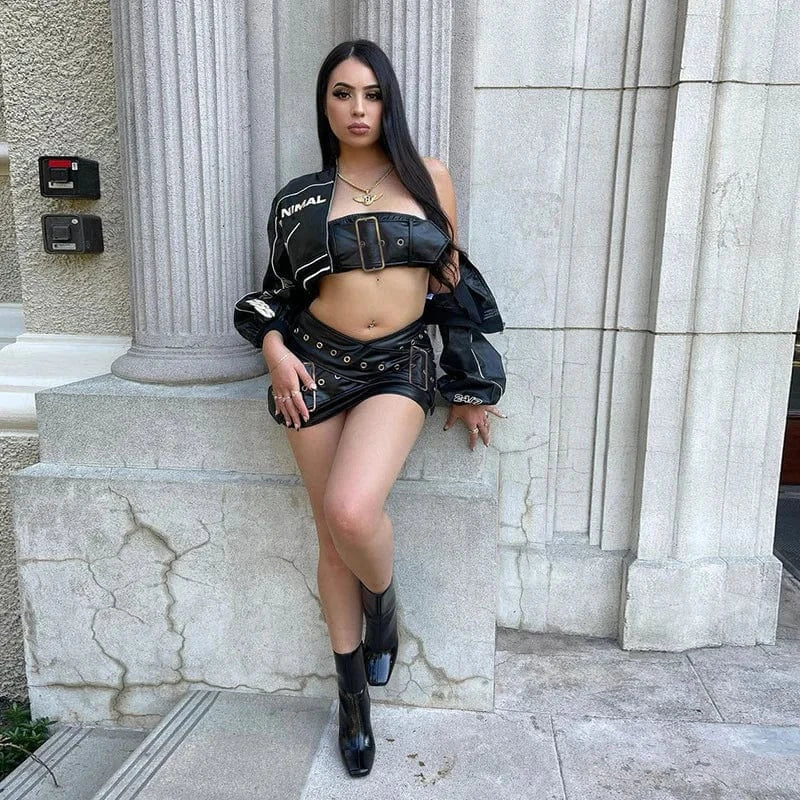Bomblook C117ST01 2024 Sexy Corset With Crisscross Skirts Two Piece Set Women Streetwear Clothing Casual PU Leather Set