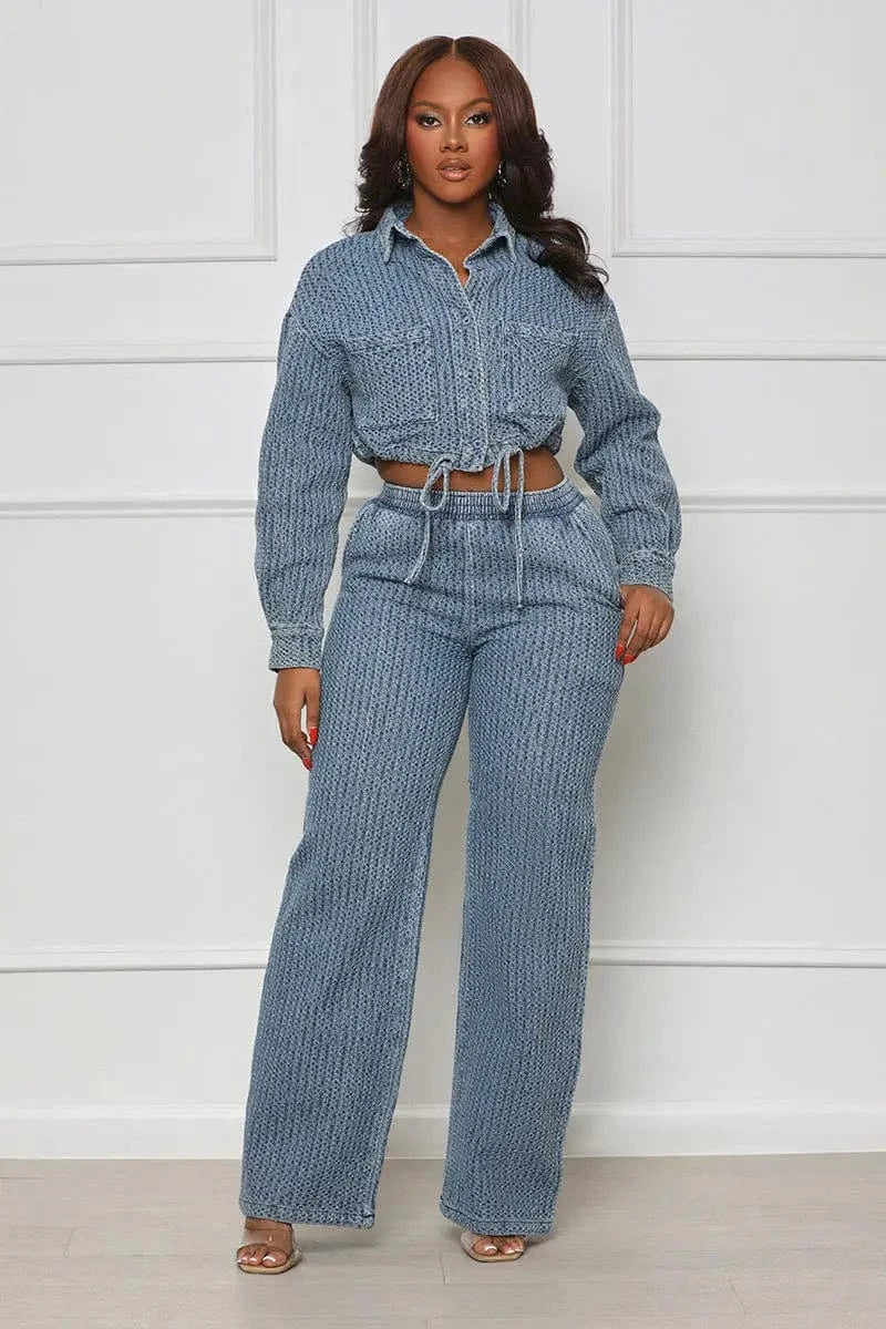 Bomblook C1218ST02 Solid Color Pocket Two Piece Pants Set 2 Piece Drawstring Top Denim 2024 Spring Sets Casual Wear For Women