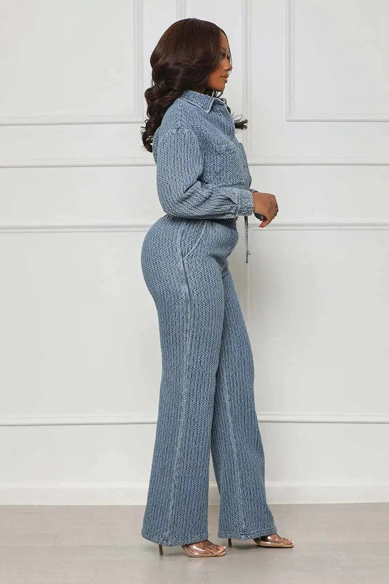 Bomblook C1218ST02 Solid Color Pocket Two Piece Pants Set 2 Piece Drawstring Top Denim 2024 Spring Sets Casual Wear For Women
