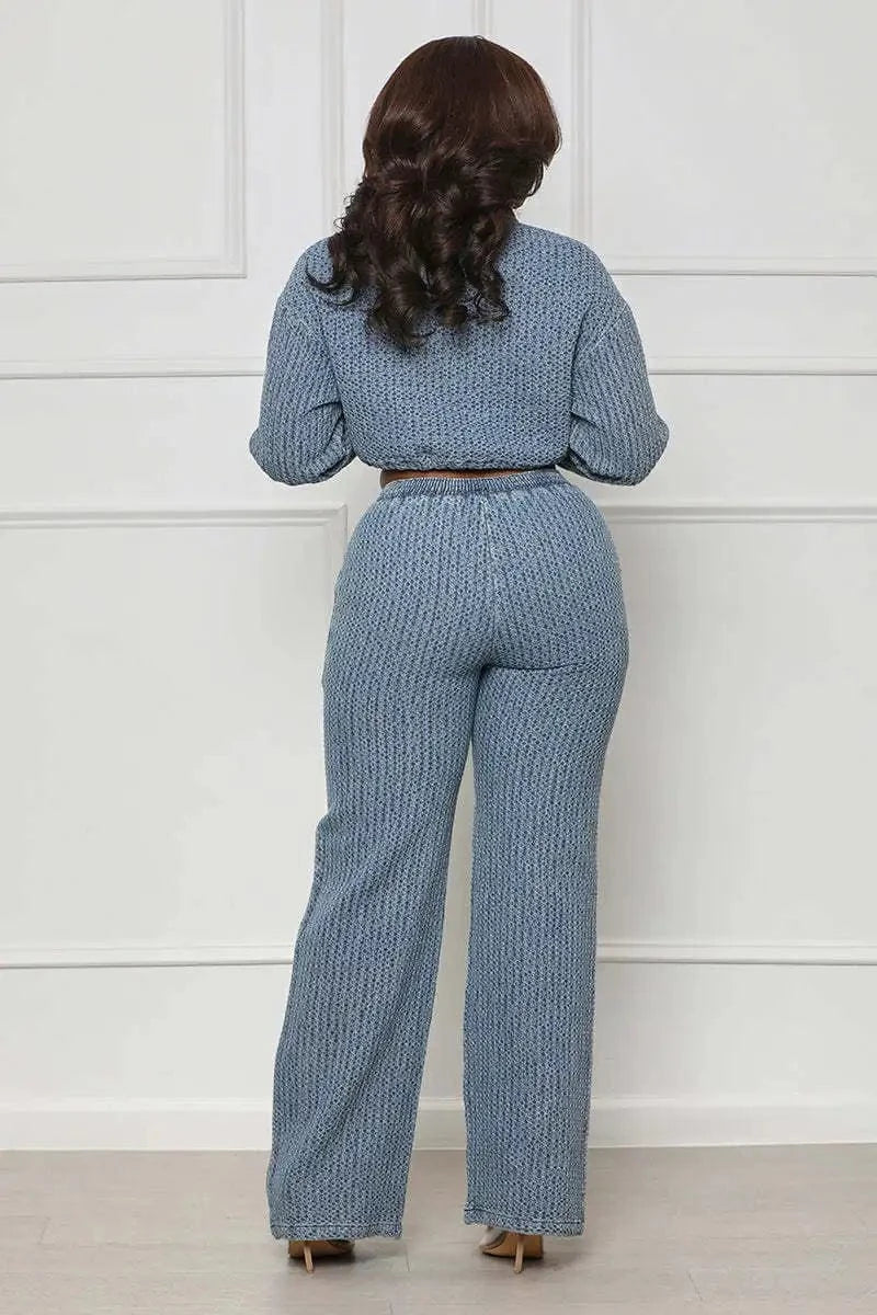Bomblook C1218ST02 Solid Color Pocket Two Piece Pants Set 2 Piece Drawstring Top Denim 2024 Spring Sets Casual Wear For Women
