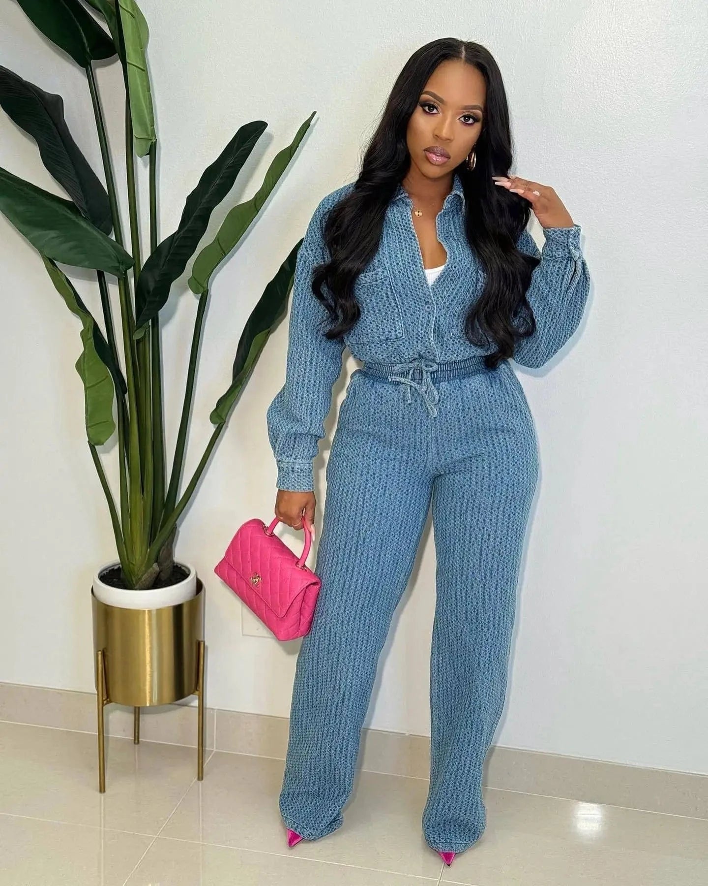 Bomblook C1218ST02 Solid Color Pocket Two Piece Pants Set 2 Piece Drawstring Top Denim 2024 Spring Sets Casual Wear For Women