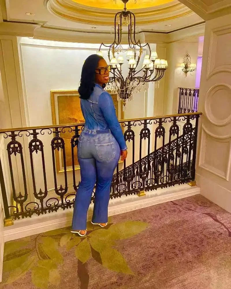 Bomblook C1220JP Fashionable Denim Print Streetwear Women Jumpsuit Printed Jumpsuit Women Women Single Breasted Jumpsuit 2024